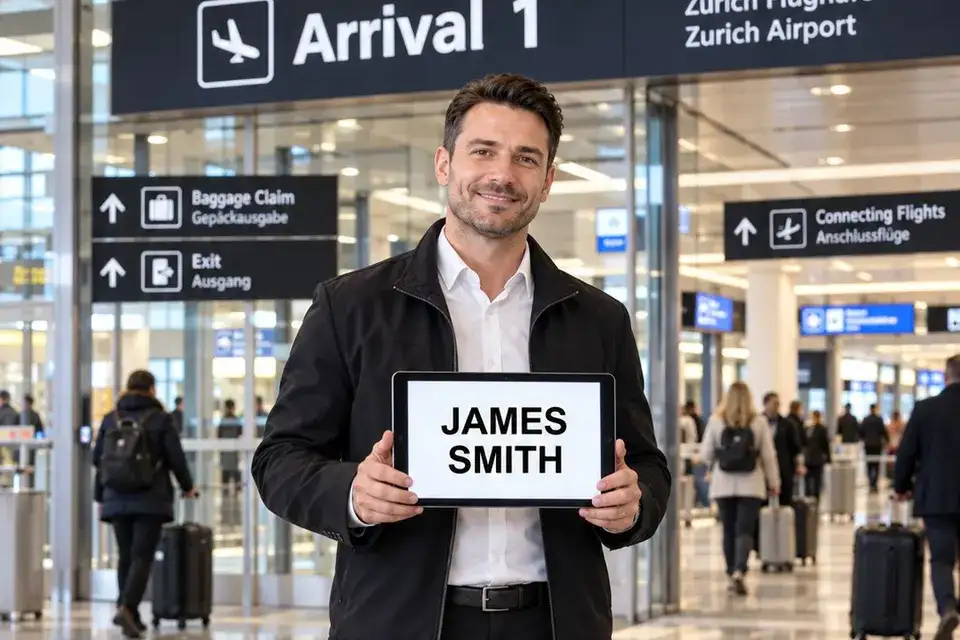 Flughafentransfer nach St. Anton – Abholung mit Namensschild am Flughafen Zürich
