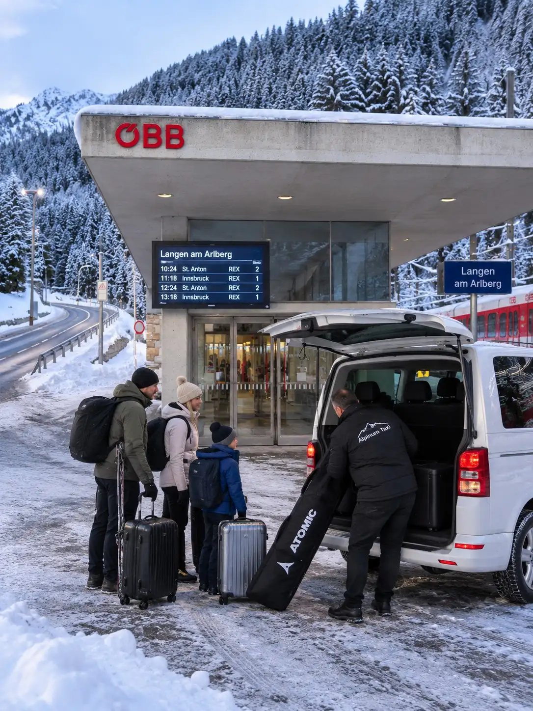 Taxi St. Anton zum Bahnhof Langen am Arlberg – Abholung vor dem ÖBB-Bahnhof Taxi St. Anton – Langen am Arlberg: Fahrer lädt Skitaschen und Koffer in ein Allrad-Minibus-Taxi vor dem ÖBB-Bahnhof Langen am Arlberg im Winter