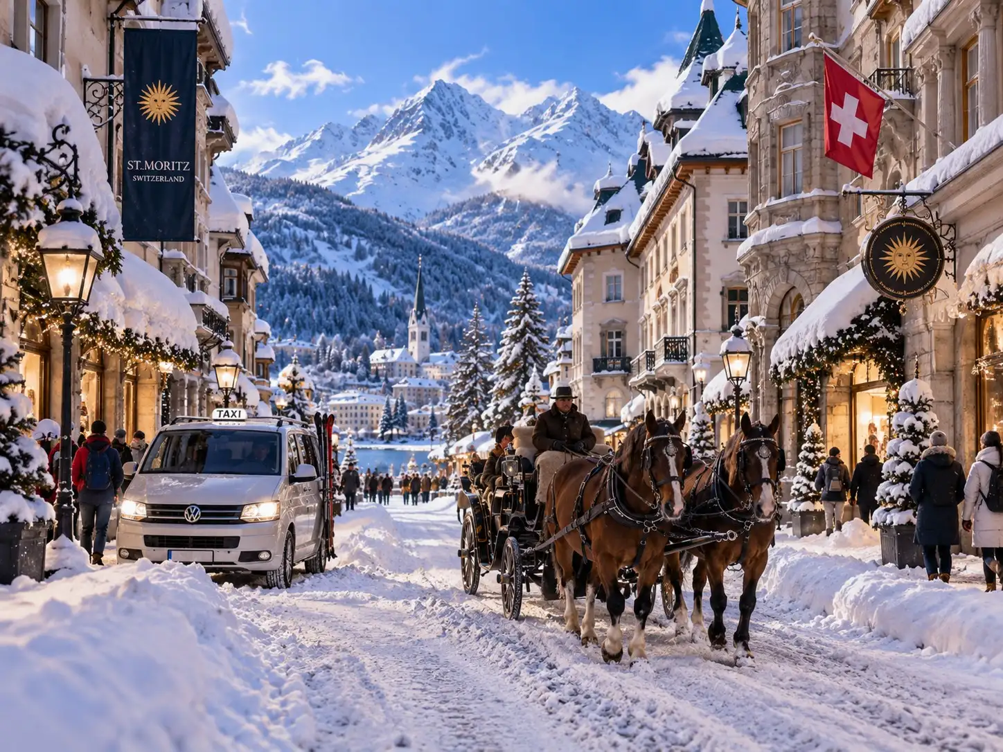 Taxi St. Anton nach St. Moritz – St. Moritz im Oberengadin im Winter Taxi St. Anton nach St. Moritz: Allrad-Taxi-Minibus mit Ski neben einer Pferdekutsche im verschneiten Ortszentrum von St. Moritz, mit dem See und den Engadiner Bergen im Winter