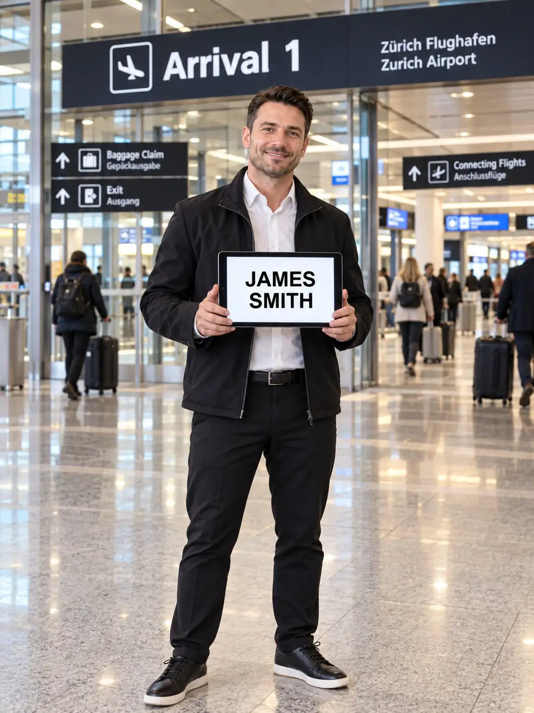 Driver with a name sign waiting in the arrivals hall at Zurich Airport