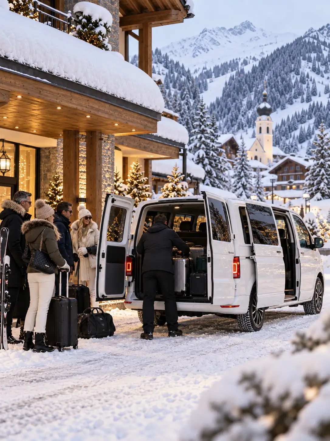 Transfer Flughafen Memmingen – Lech im privaten Allradfahrzeug Privater Flughafentransfer: Der Fahrer lädt das Gepäck einer Familie vor einem Hotel am Arlberg in einen weißen VW-Allradbus